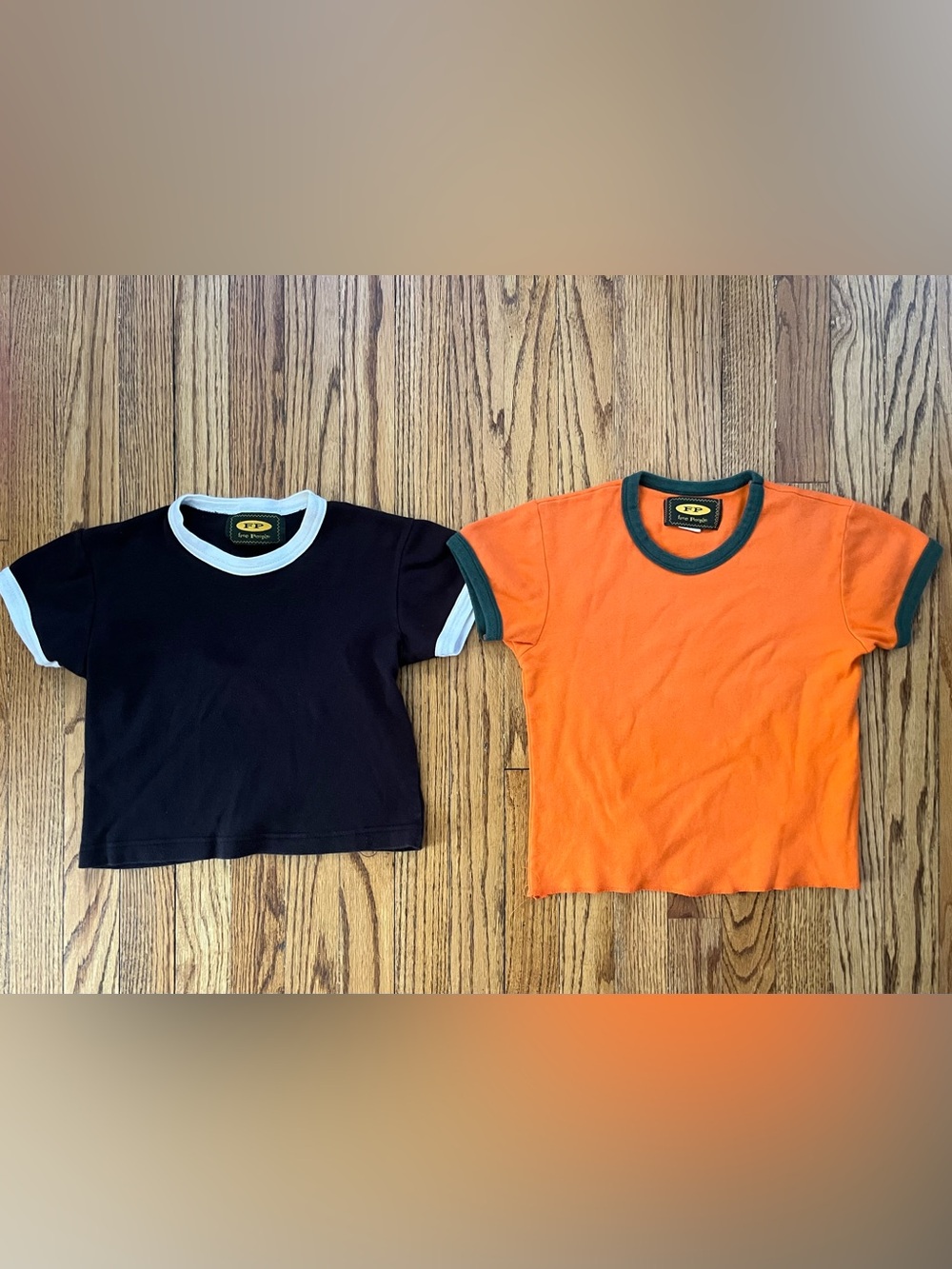 FREE PEOPLE Vintage 90’s Baby Tee 2 Pc Lot Ringer Tee Black/White Orange/Green
